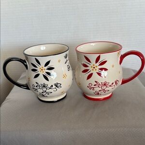 Temptations by Tara Floral Ceramic Barrel Shape Mugs Cup Red Black Lot of 2 16oz